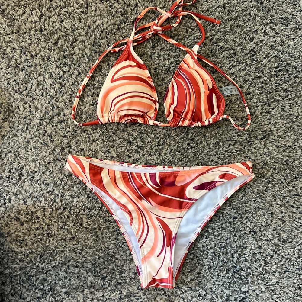 SHEIN Swirl Print Bikini - Red and Pink